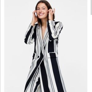 Zara Long Black & White Striped Coat Medium